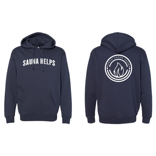 Slate Blue Sauna Helps Hoodie front and back view, comfortable and stylish for sauna sessions.
