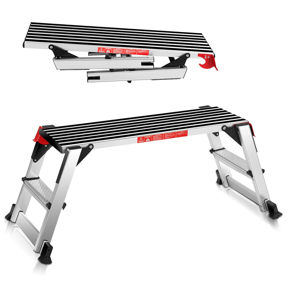 330 lbs Aluminum Folding Non-slip Drywall Step Stool Ladder with rubber pads for safety and easy storage shown open and closed