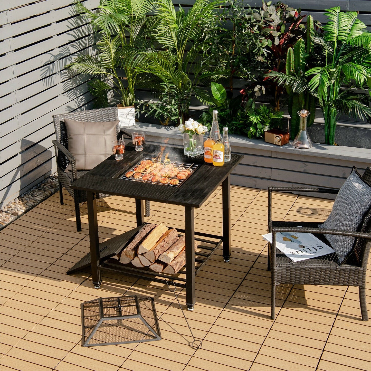 31 Inch Outdoor Fire Pit Dining Table with Cooking BBQ Grate on patio surrounded by chairs and greenery, ready for outdoor leisure.