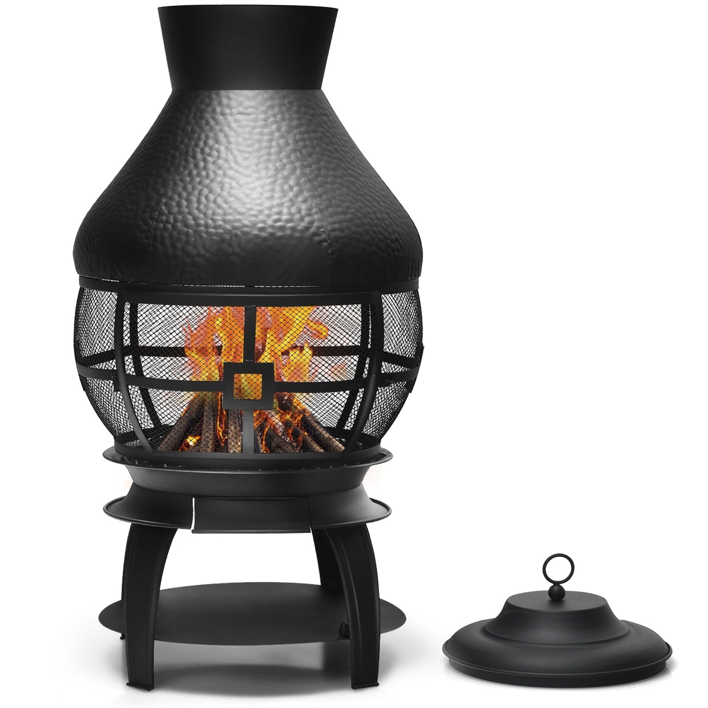 Patio Wood Burning Chimneys Fireplace with mesh screening and cast iron construction for outdoor use