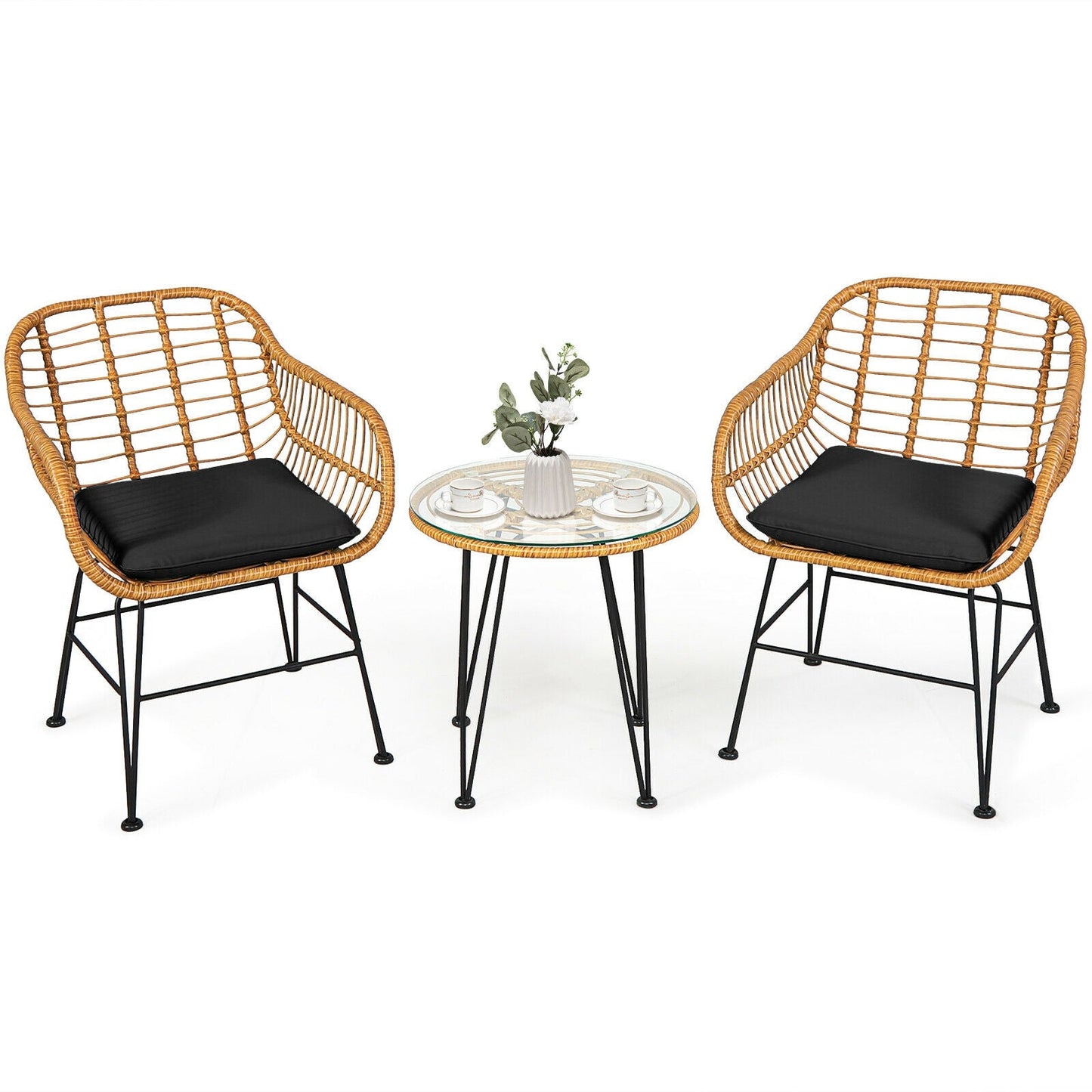 3 Pieces Rattan Furniture Set with Cushioned Chair Table-Black, featuring wicker chairs and tempered glass table, outdoor patio set.