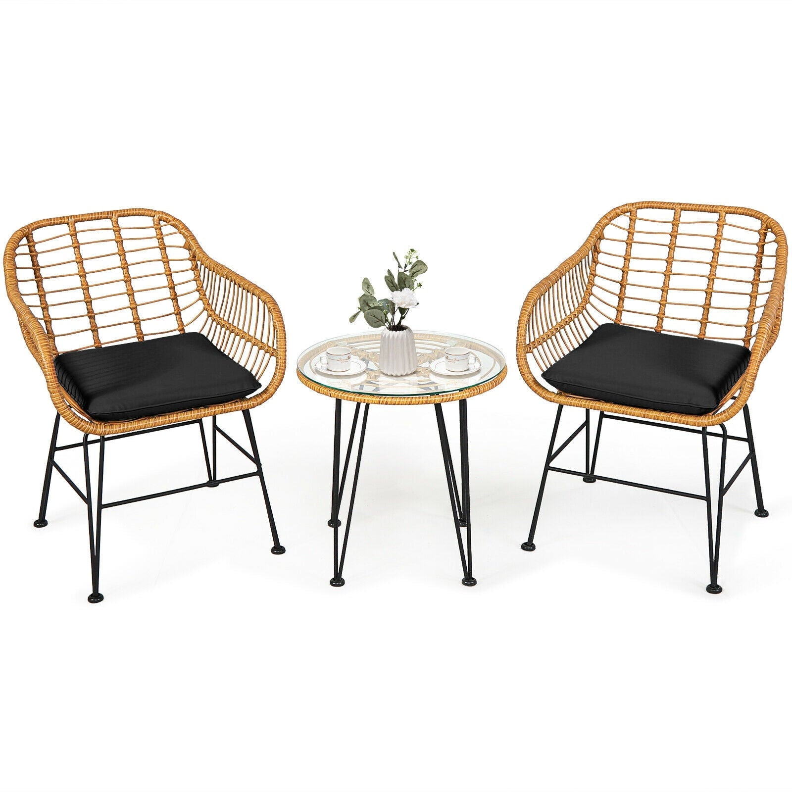 3 Pieces Rattan Furniture Set with Cushioned Chair Table-Black, featuring wicker chairs and tempered glass table, outdoor patio set.