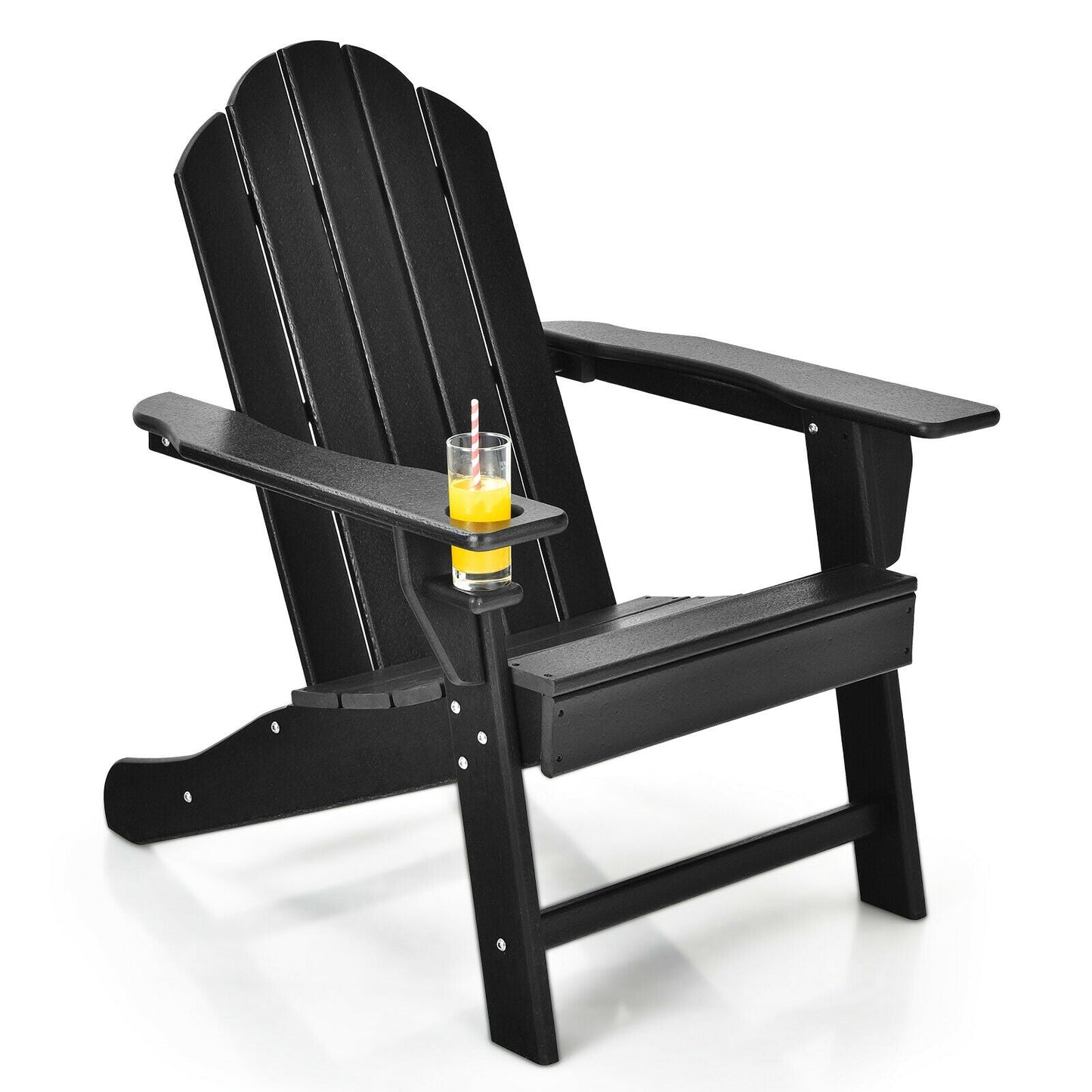 Outdoor Adirondack Chair with Built-in Cup Holder for Backyard Porch-Black in weather-resistant material with a drink placed in holder