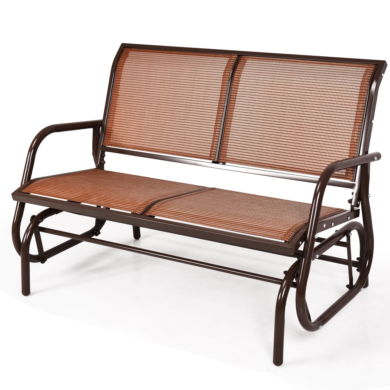Swing Glider Chair 48 Inch Loveseat Rocker Lounge Backyard-Brown with brown metal frame and mesh seating, ideal for outdoor relaxation.