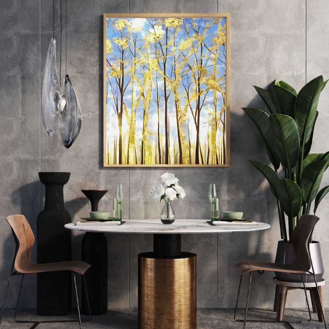 Golden Forest canvas print with tranquil golden trees and blue sky in a modern dining room setting, enhancing home decor.