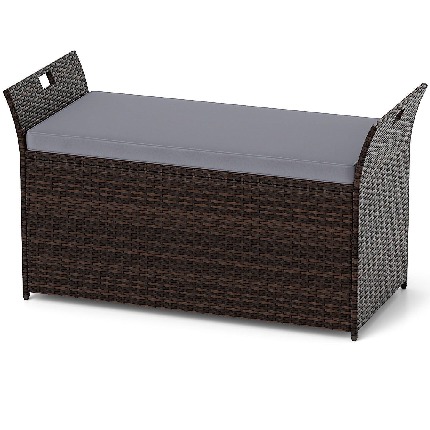 Outdoor Bench with Hand-woven PE Rattan Wicker and Side Handles-Gray with storage and cushion, perfect for patios and gardens.