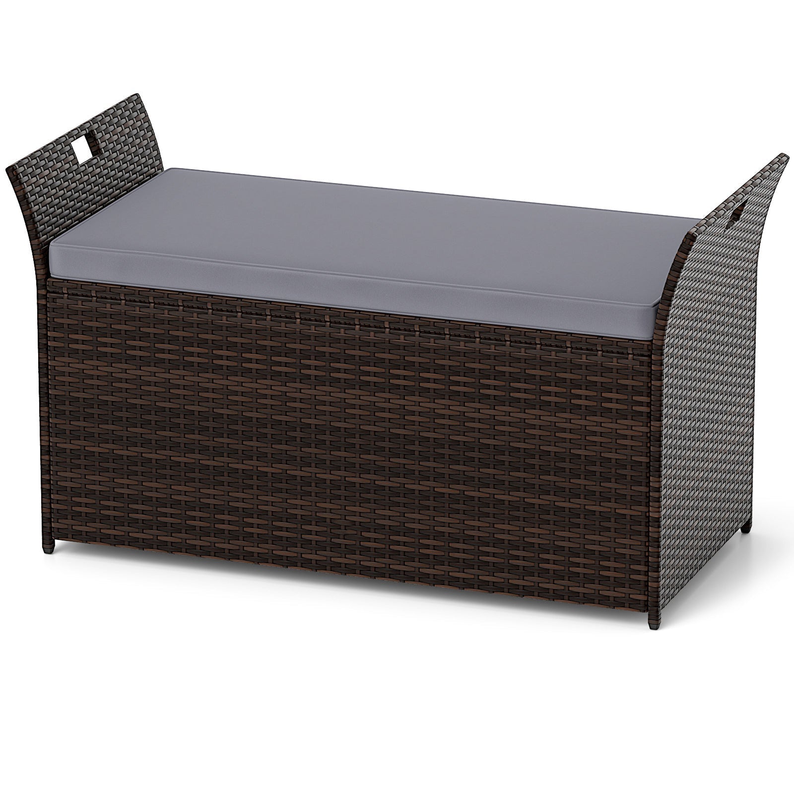 Outdoor Bench with Hand-woven PE Rattan Wicker and Side Handles-Gray with storage and cushion, perfect for patios and gardens.