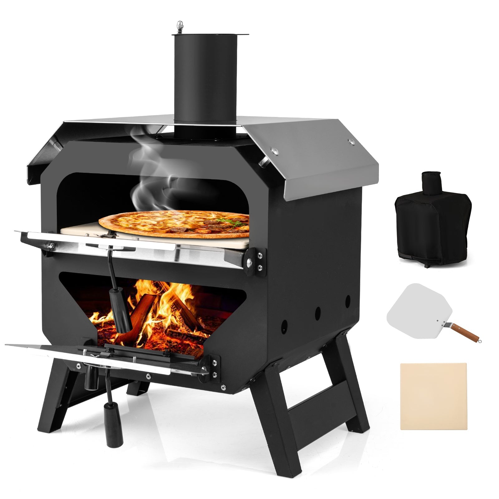 12 Inch Outdoor Pizza Oven with Pizza Stone for Patio Backyard Camping BBQ-Black, featuring chimney and accessories for high-efficiency cooking.