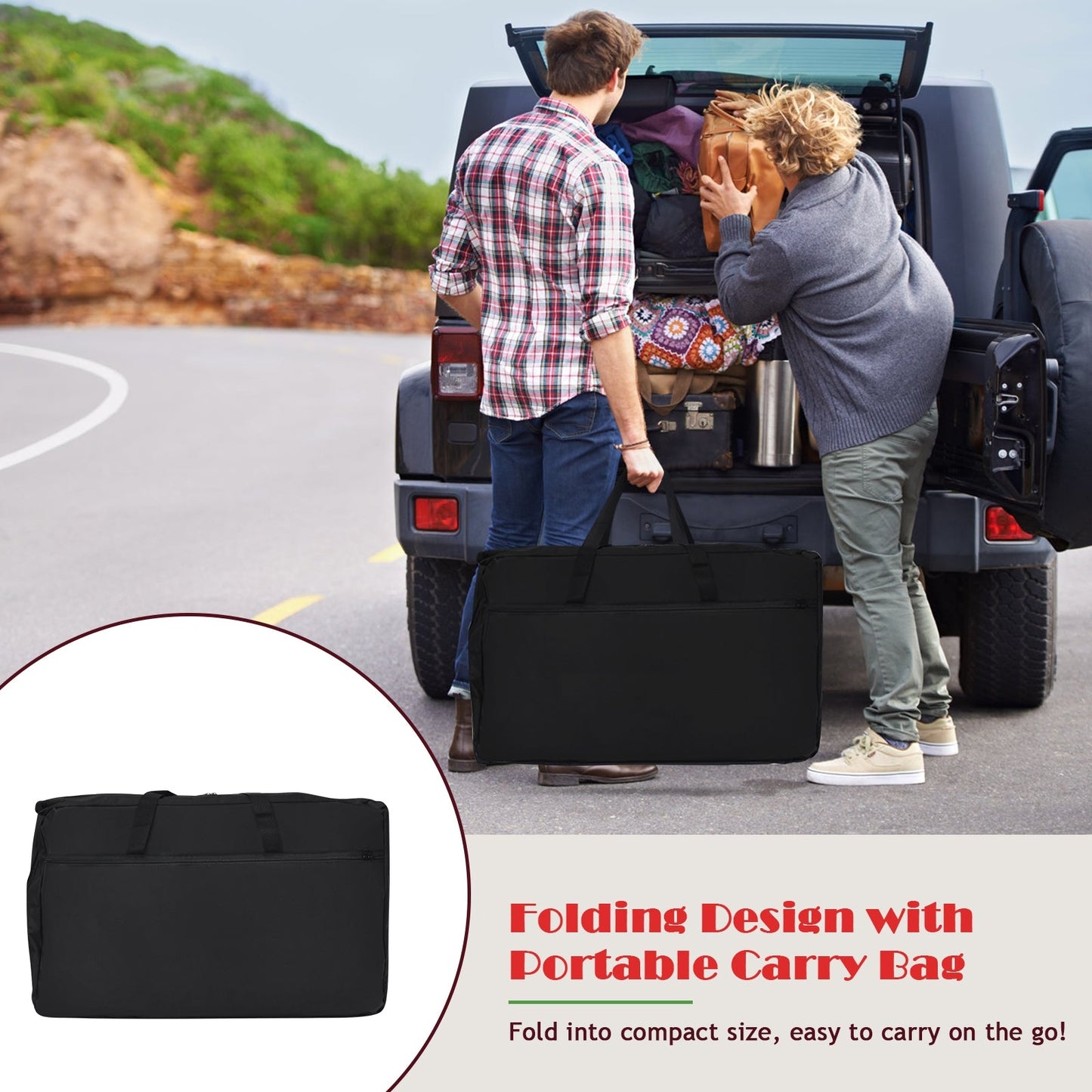 Folding Camping Table with Storage Organizer-Black packed in carry bag, shown with two people loading camping gear into car