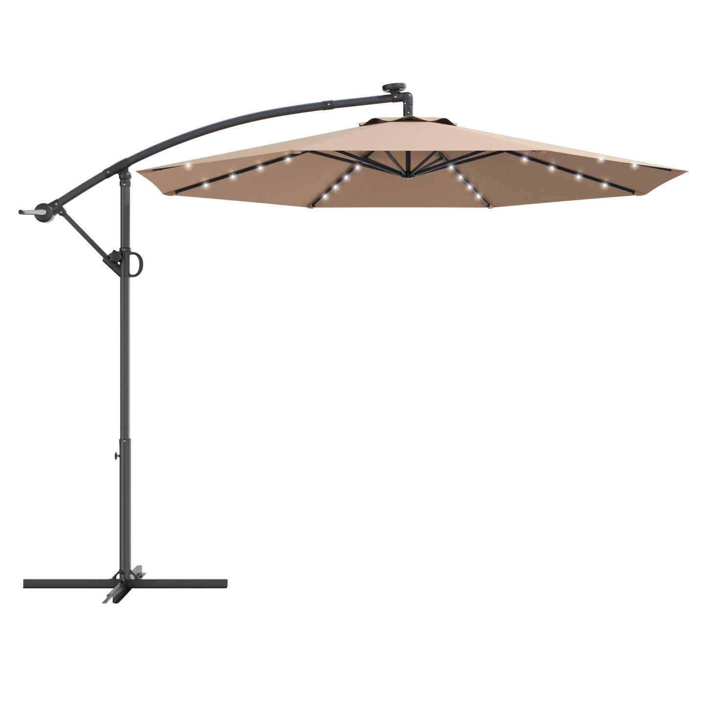 10 ft 360° Rotation Solar Powered LED Patio Offset Umbrella without Weight Base-Beige with LED lights and beige canopy