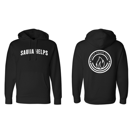 Front and back view of Reactive Black Sauna Helps Hoodie featuring sauna-themed design.