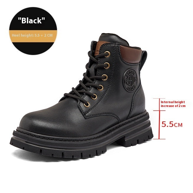 Black Women's Genuine Leather Martin Boots with thick bottom elevator sole, heel height 5.5+2 cm, premium comfort and style.