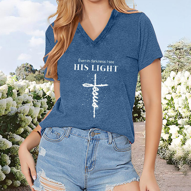 Women's V-Neck T-Shirt Geometric Cross Casual Summer Short Sleeve Top with "His Light" print in blue.