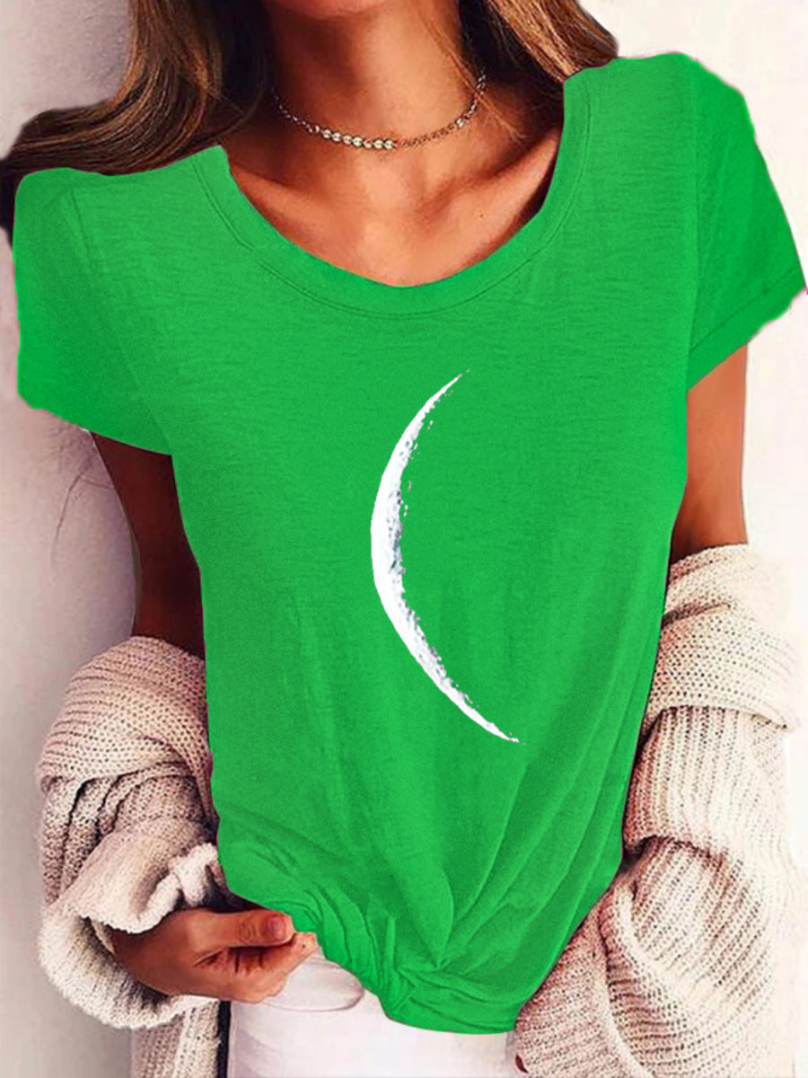 Woman wearing a Wide Collar Printed T-Shirt – Casual Short Sleeve Top for Women with a moon print.