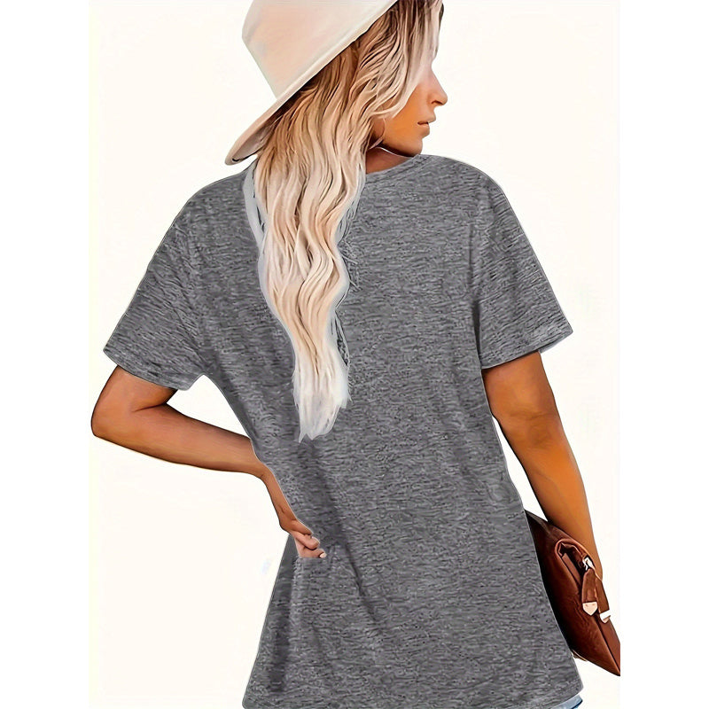Back view of Women's Animal Letter Print Casual Short Sleeve T-Shirt in gray, featuring a soft and breathable fabric blend for summer wear.