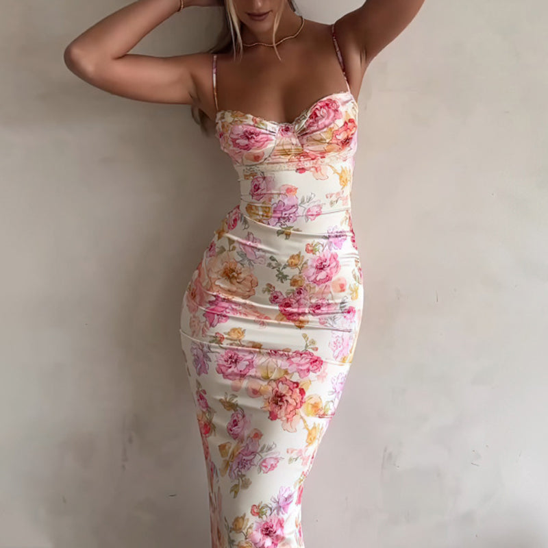 Women’s Floral Bodycon Maxi Dress – Sexy Spaghetti Strap Vacation & Summer Dress with vibrant floral print showcasing a sleek fit.