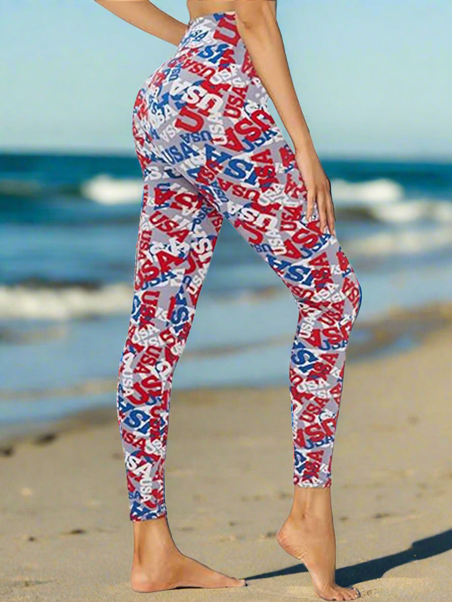 Cropped High-Rise Leggings – USA Flag Print Patriotic Workout Pants