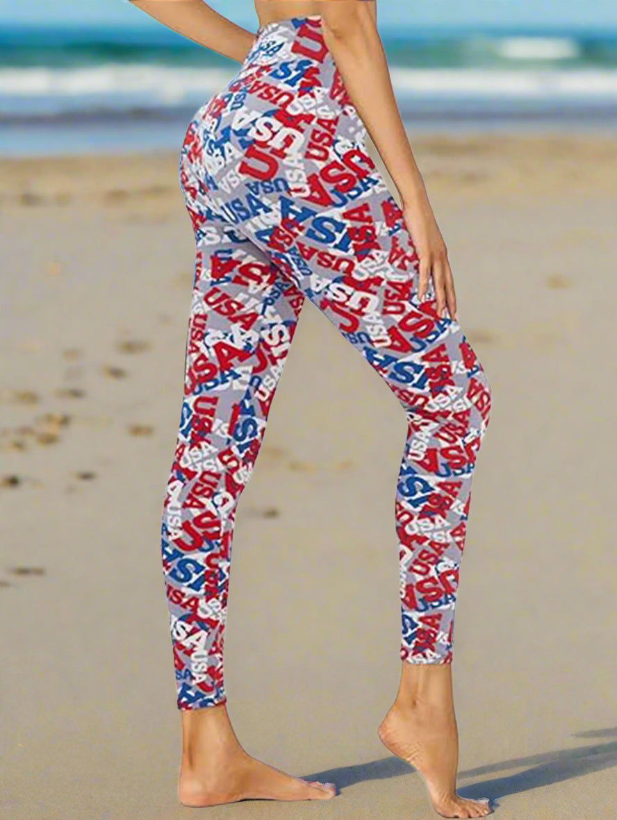 Cropped High-Rise Leggings – USA Flag Print Patriotic Workout Pants