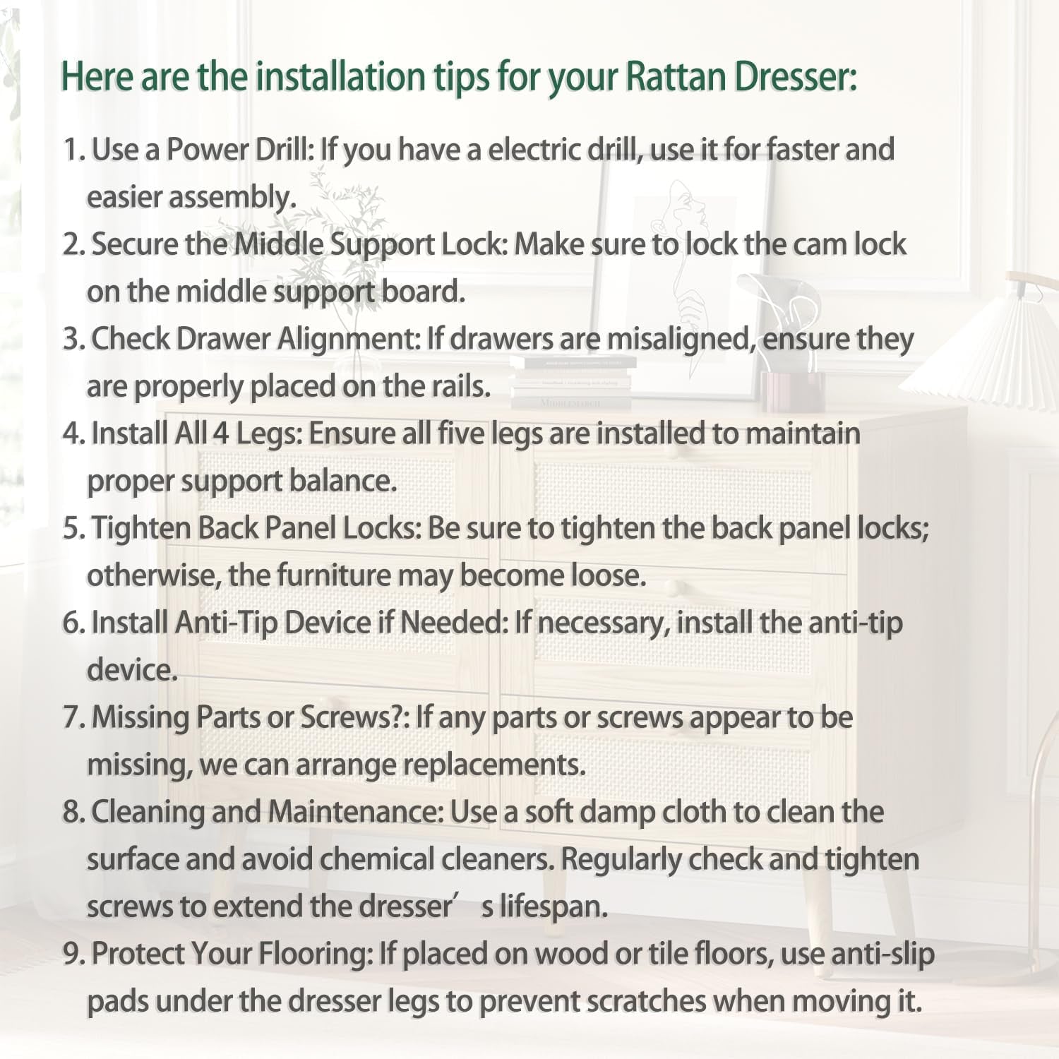 Installation tips for setting up a rattan dresser efficiently and safely.