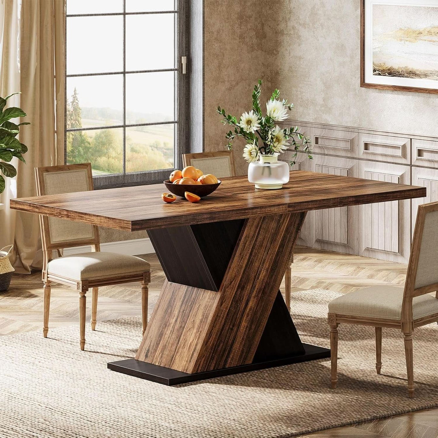 55 Inch Rustic Brown Farmhouse Dining Table For Four