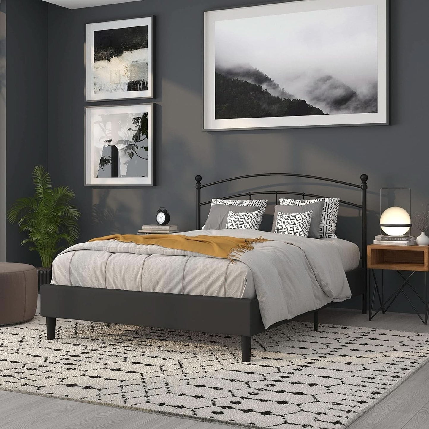 Contemporary Black Metal Queen Size Headboard with Support