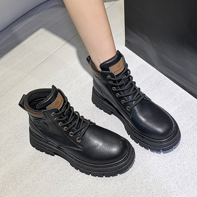 Women’s Genuine Leather Martin Boots with thick bottom elevator sole for style and comfort, crafted from premium leather.
