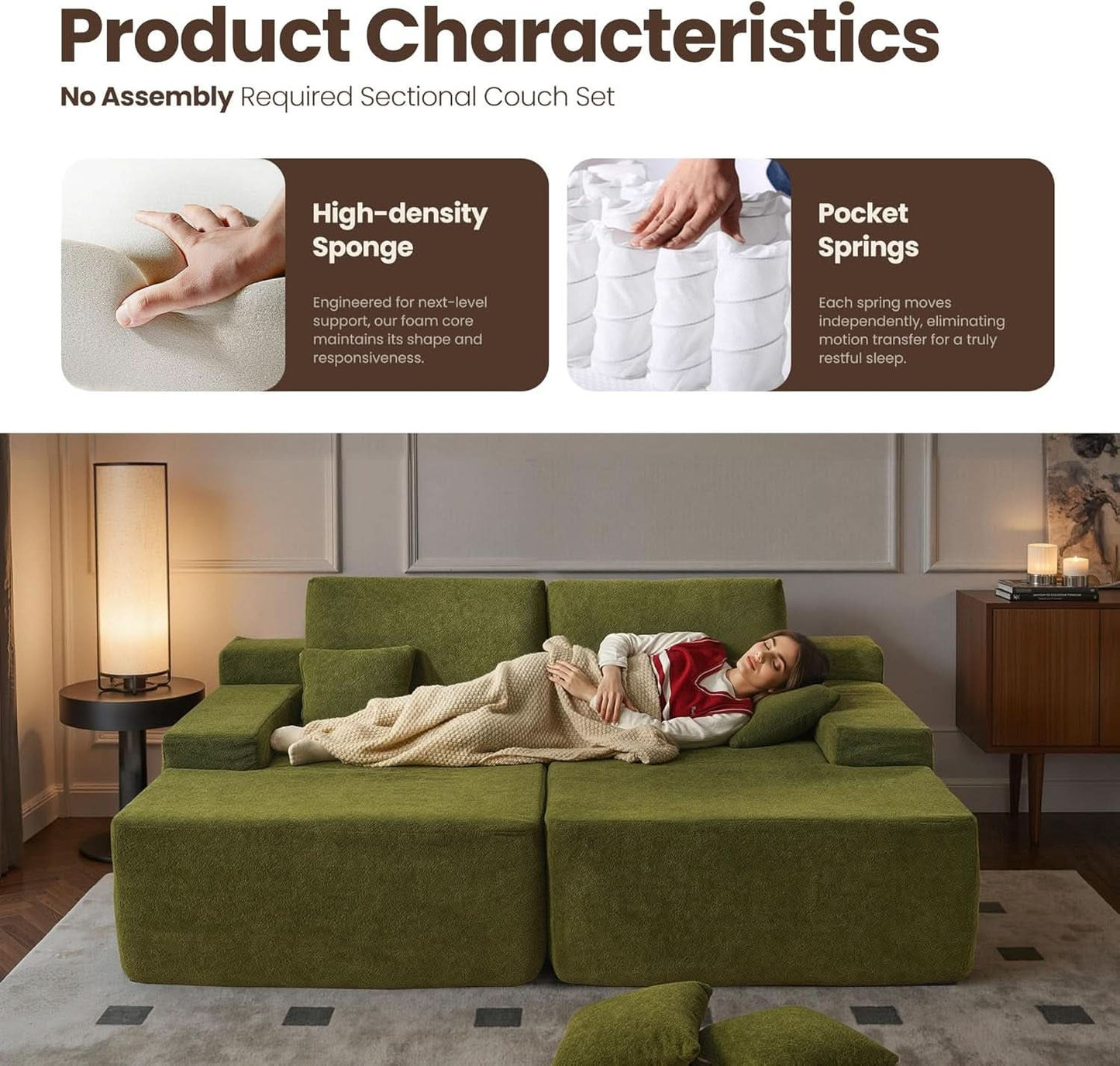 Green Cloudlike Velvet Oversized Double Chaise Lounge