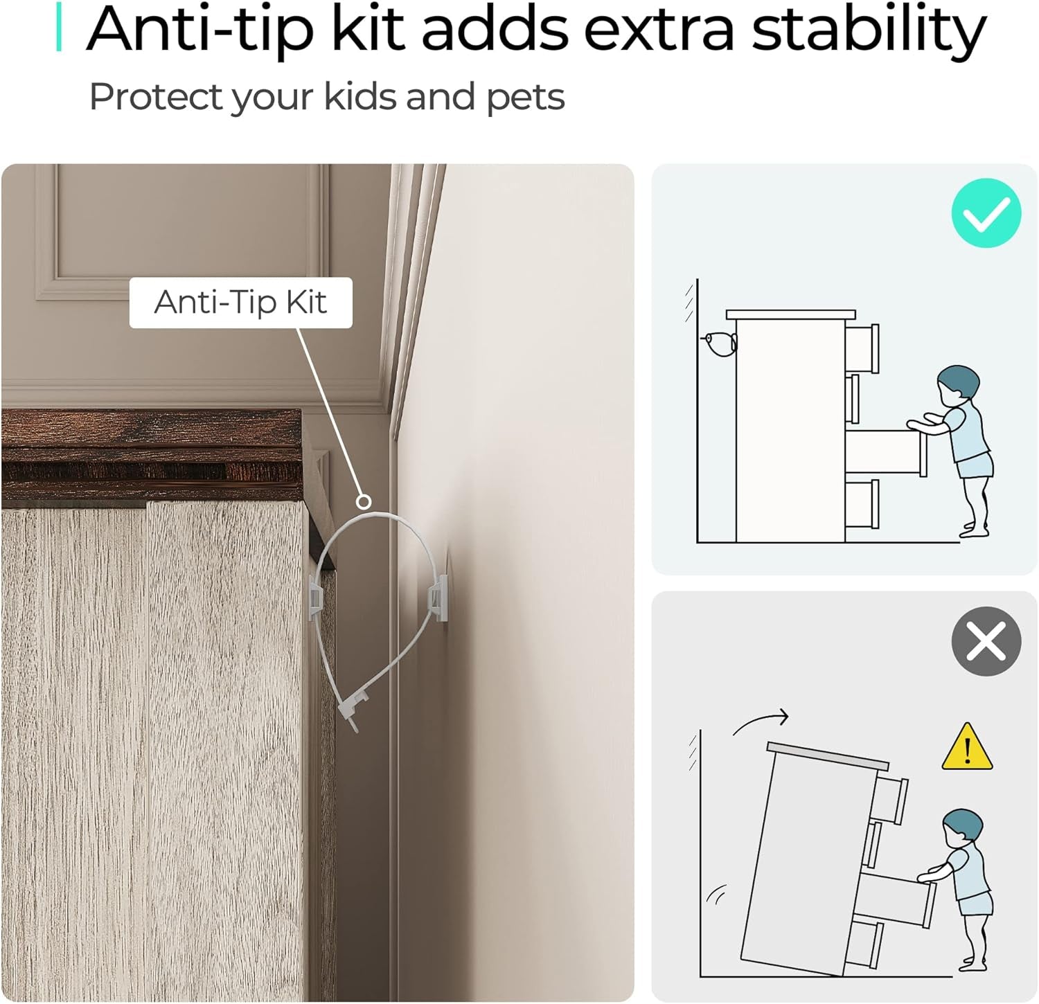 Illustration showing anti-tip kit for Beige Solid Wood Dresser Featuring Ample Compartments enhancing safety and stability