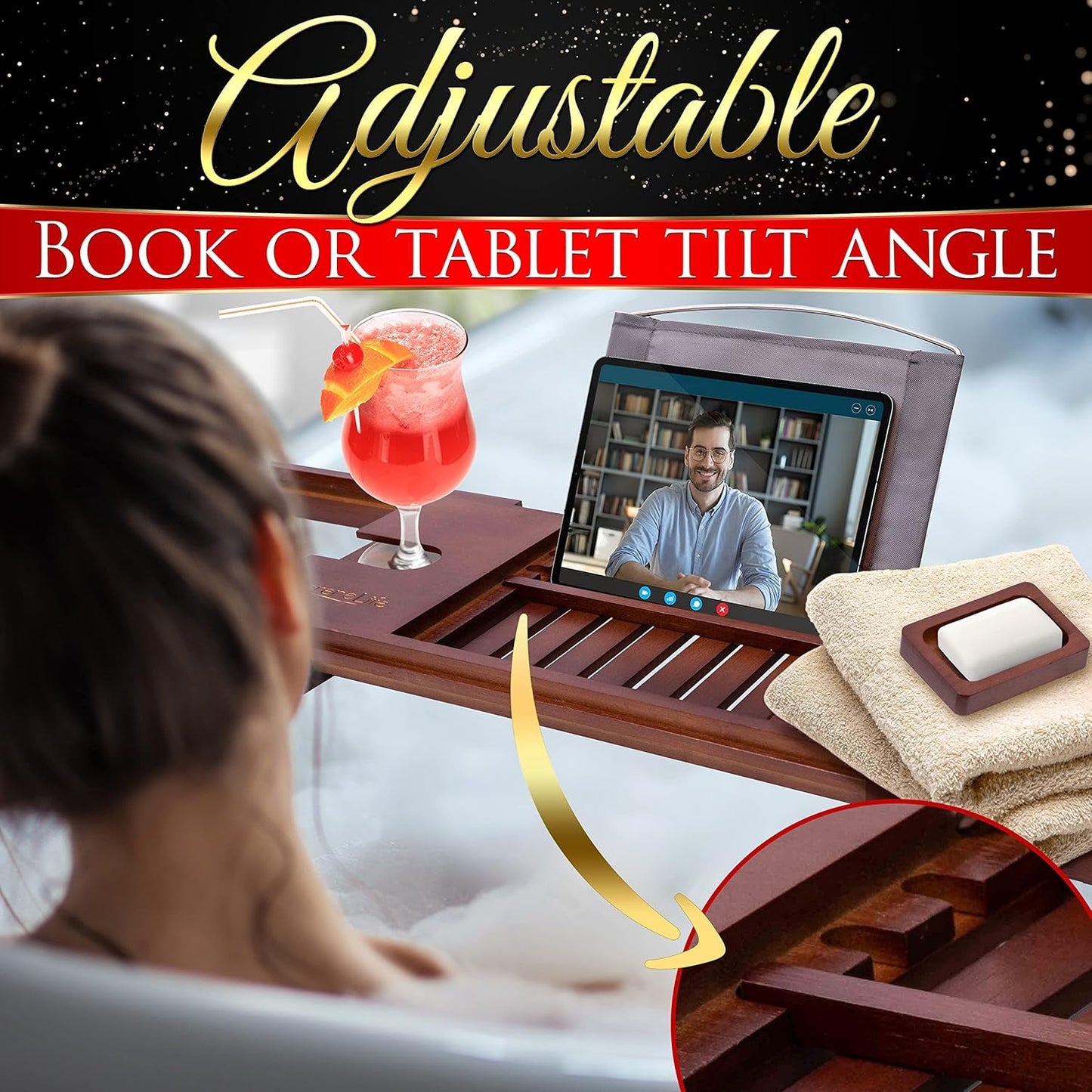Bamboo Bathtub Caddy Tray – Expandable Waterproof Bath Tray with Wine Glass Holder, Tablet Stand & Removable Accessory Slots – Eco-Friendly, Adjustable & Durable in use showing adjustable tablet stand and drink holder in bath setting.