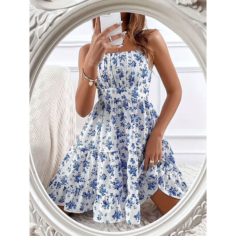 Floral Print Smocked Mini Dress Spaghetti Strap Slim Fit Flowy Dresses with blue floral design and smocked back.