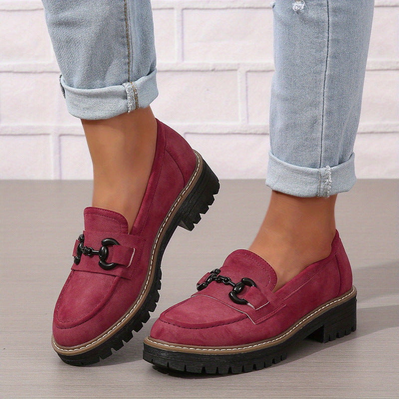 Women’s Horsebit Loafers – Elegant Flat Loafers for Work & Casual Wear in red, displayed on a woman's feet with denim jeans.