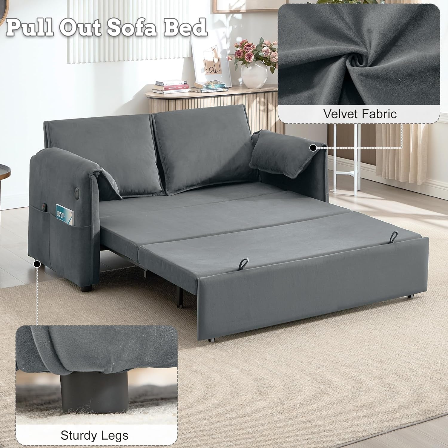 Sixty ThreeInch Pullout Velvet SofaBed Premium Edition in a modern living room, showcasing its velvet fabric and sturdy legs.