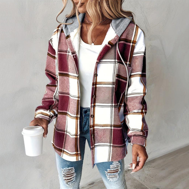 Plaid Drawstring Hoodie Shirt