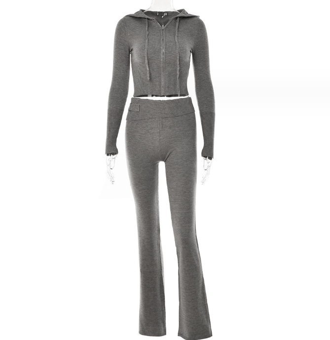 Long Sleeve Sweater And High Waist Long Pants Set in gray, featuring cozy materials and a trendy design, perfect for versatile styling.