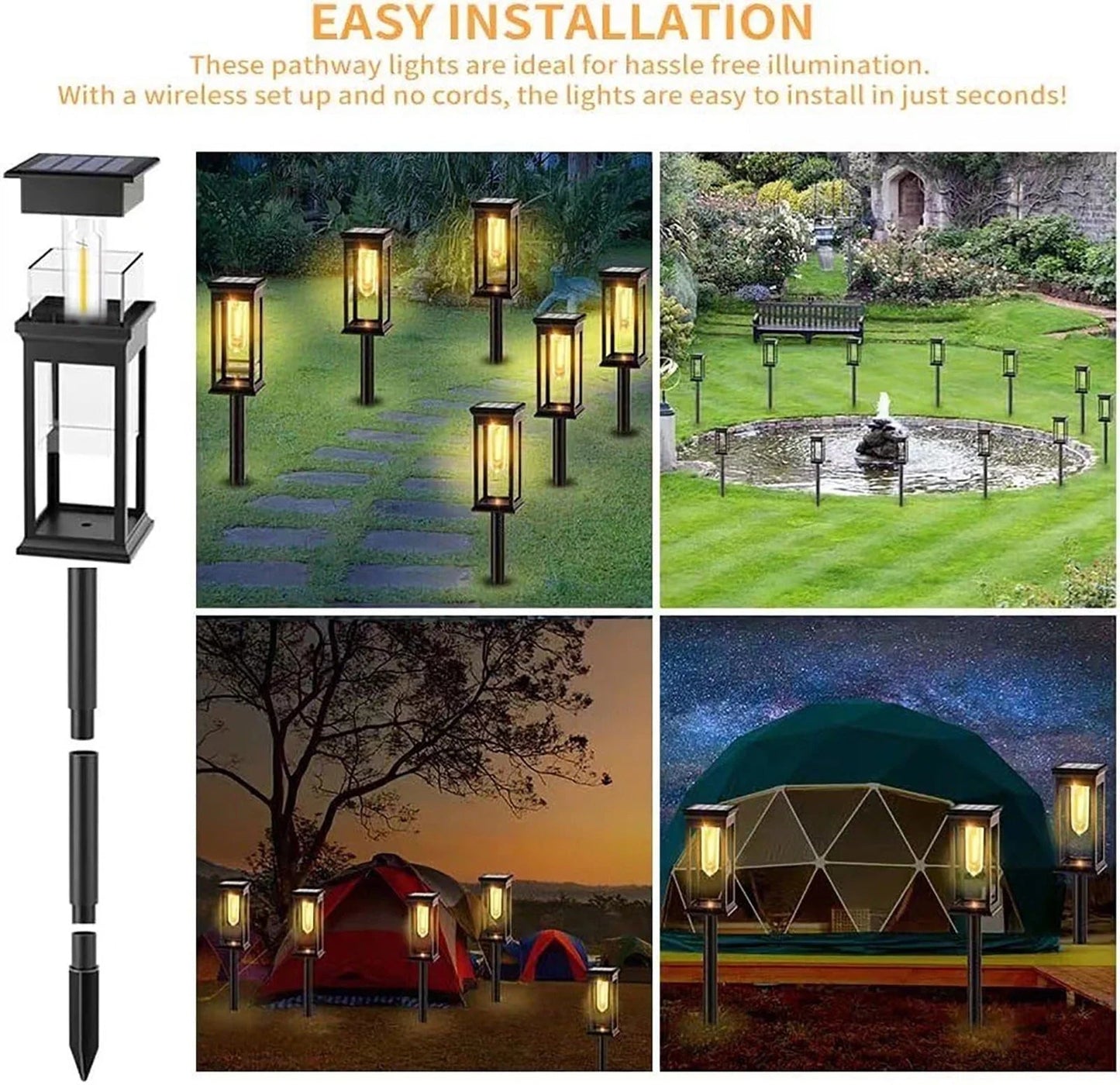 Illuminate gardens with Kidsjoy Solar Pathway Lights – 6 Pack, showcasing classic lantern-style design for outdoor ambiance.
