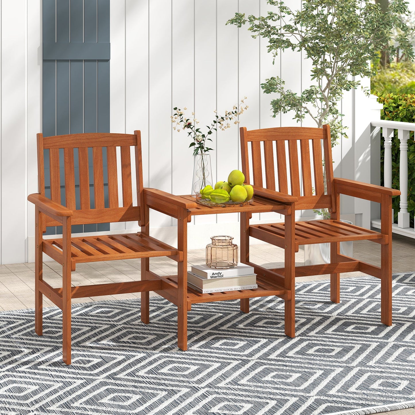 2-Seater Outdoor Patio Furniture Set with 1.57 Inch Umbrella Hole, solid wood structure, ergonomic design, rustic charm, slatted seats