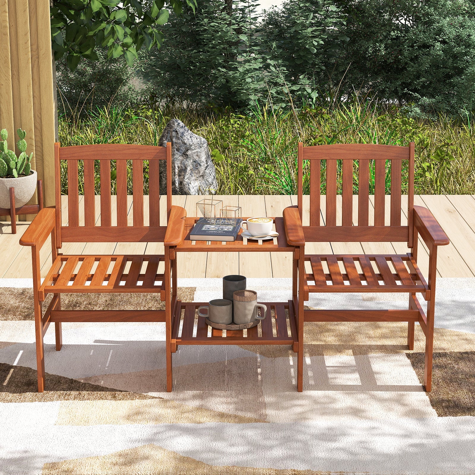 2-Seater Outdoor Patio Furniture Set with 1.57 Inch Umbrella Hole featuring wooden chairs and table on a patio