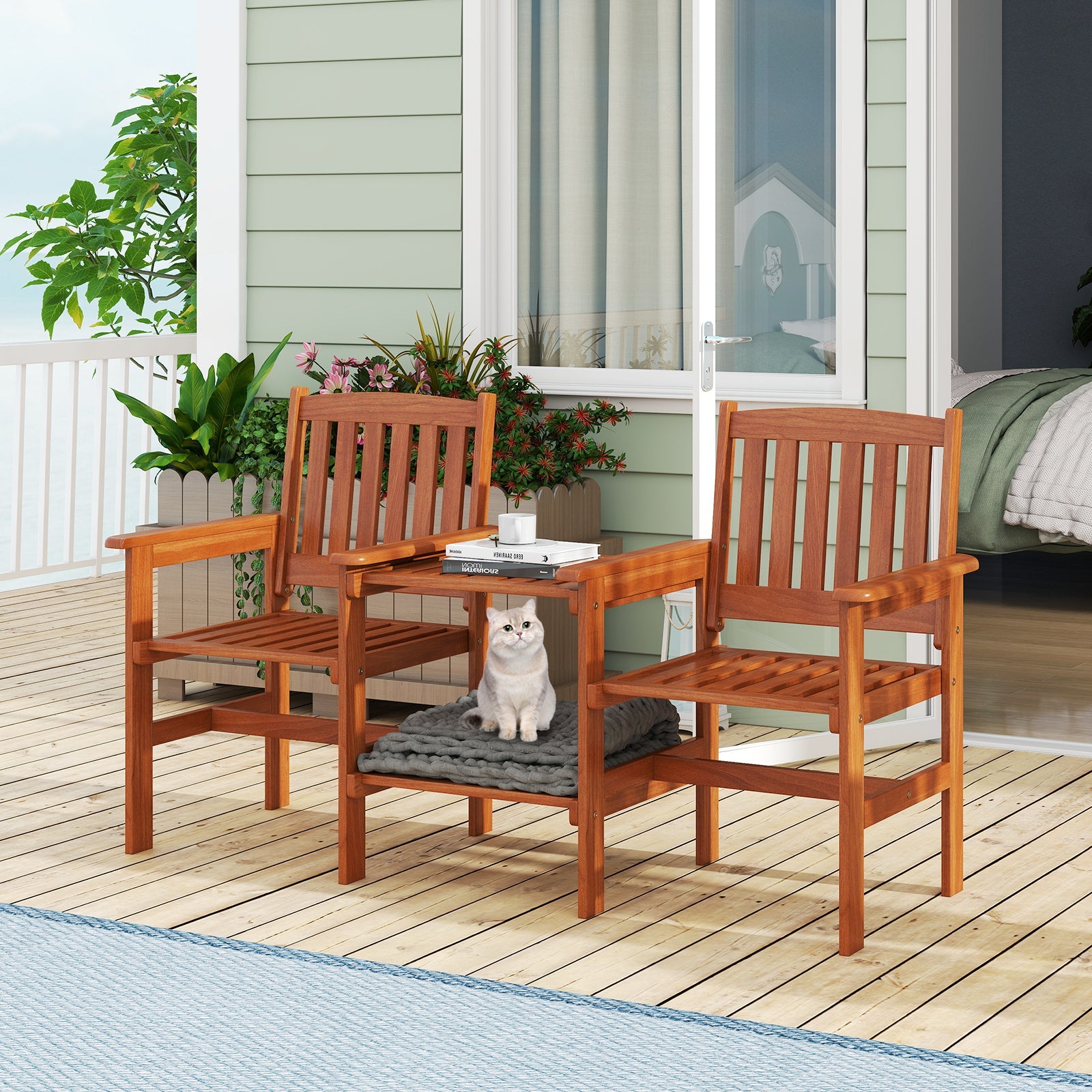 2-Seater Outdoor Patio Furniture Set with 1.57 Inch Umbrella Hole on a deck with plants and cat.