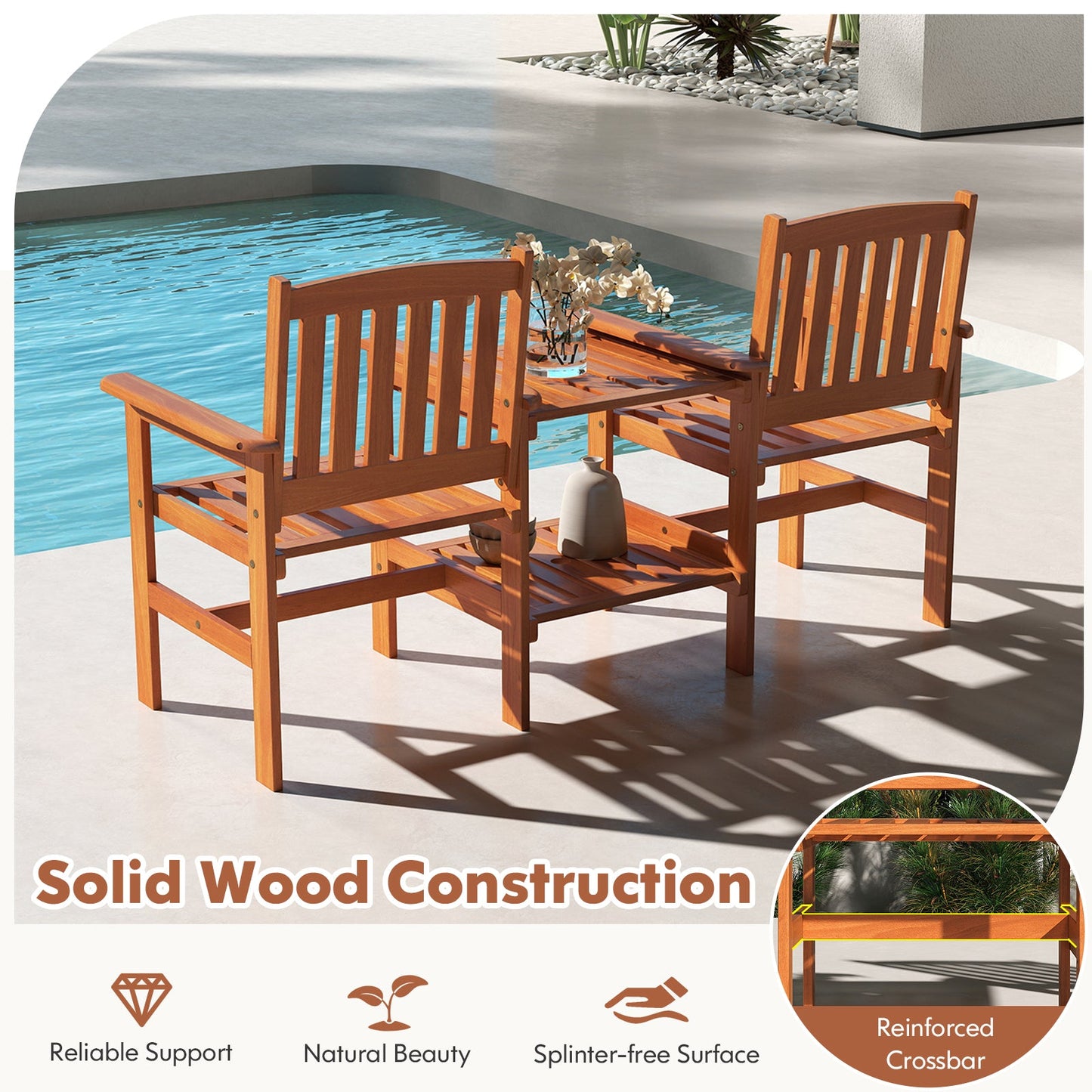 2-Seater Outdoor Patio Furniture Set with 1.57 Inch Umbrella Hole by the pool, showcasing solid wood and reinforced crossbar.