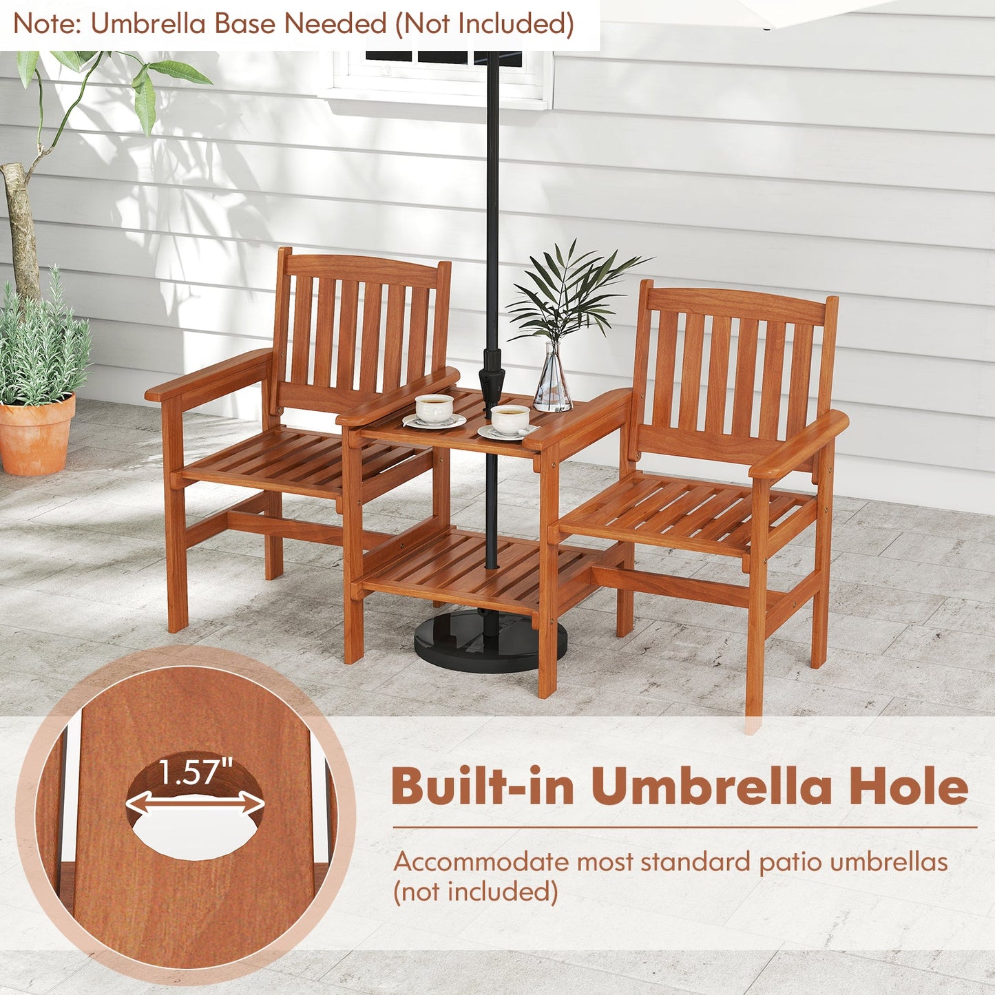 2-Seater Outdoor Patio Furniture Set with 1.57 Inch Umbrella Hole featuring solid wood structure and rustic charm with ergonomic backrest.