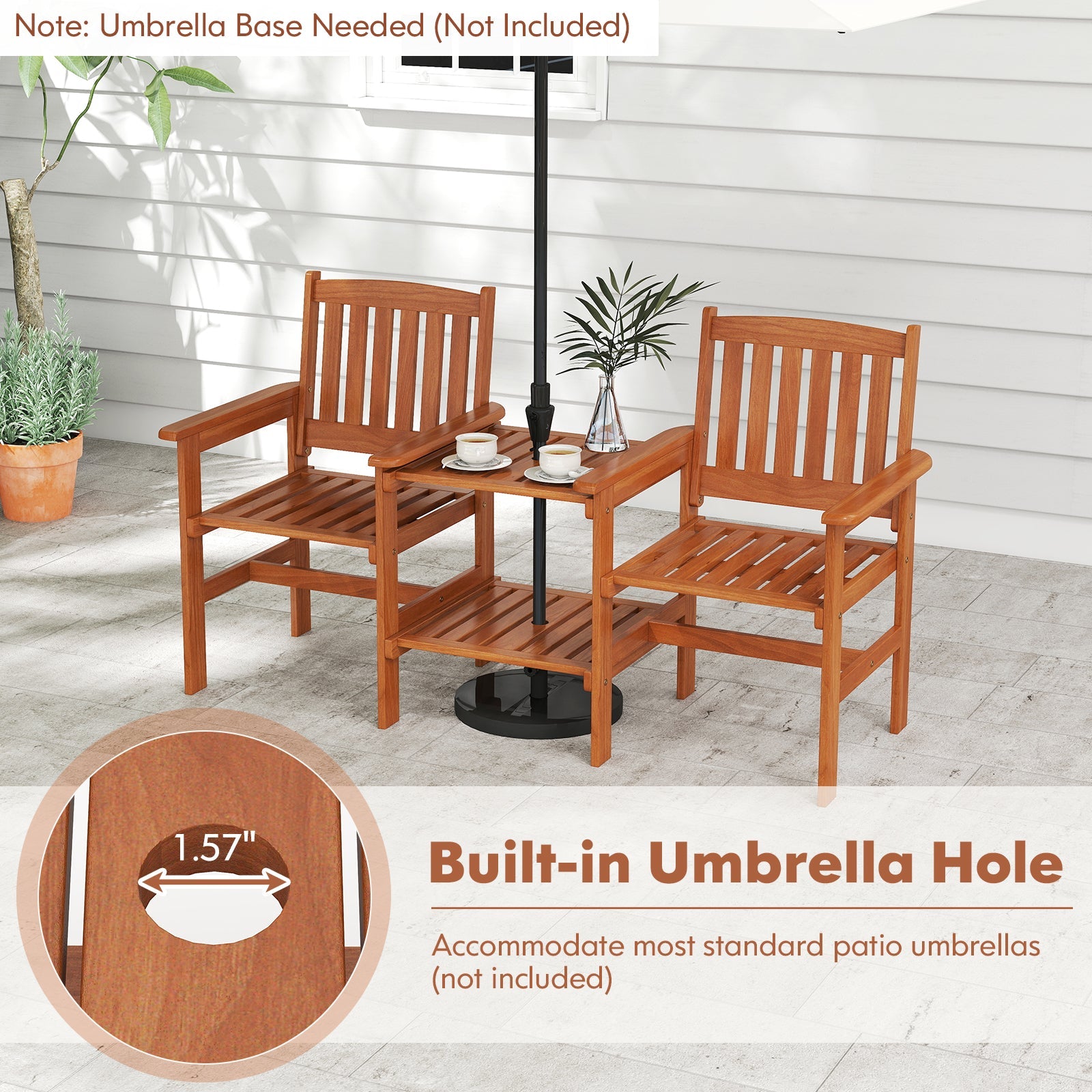 2-Seater Outdoor Patio Furniture Set with 1.57 Inch Umbrella Hole featuring solid wood structure and rustic charm with ergonomic backrest.