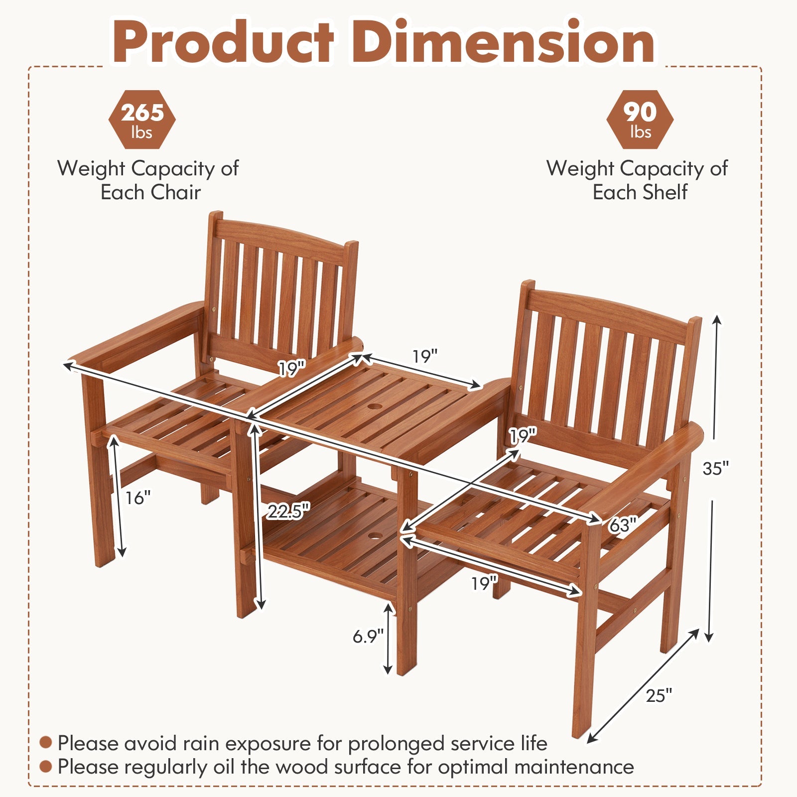 Dimensions of 2-Seater Outdoor Patio Furniture Set with 1.57 Inch Umbrella Hole showing weight capacity and maintenance tips.