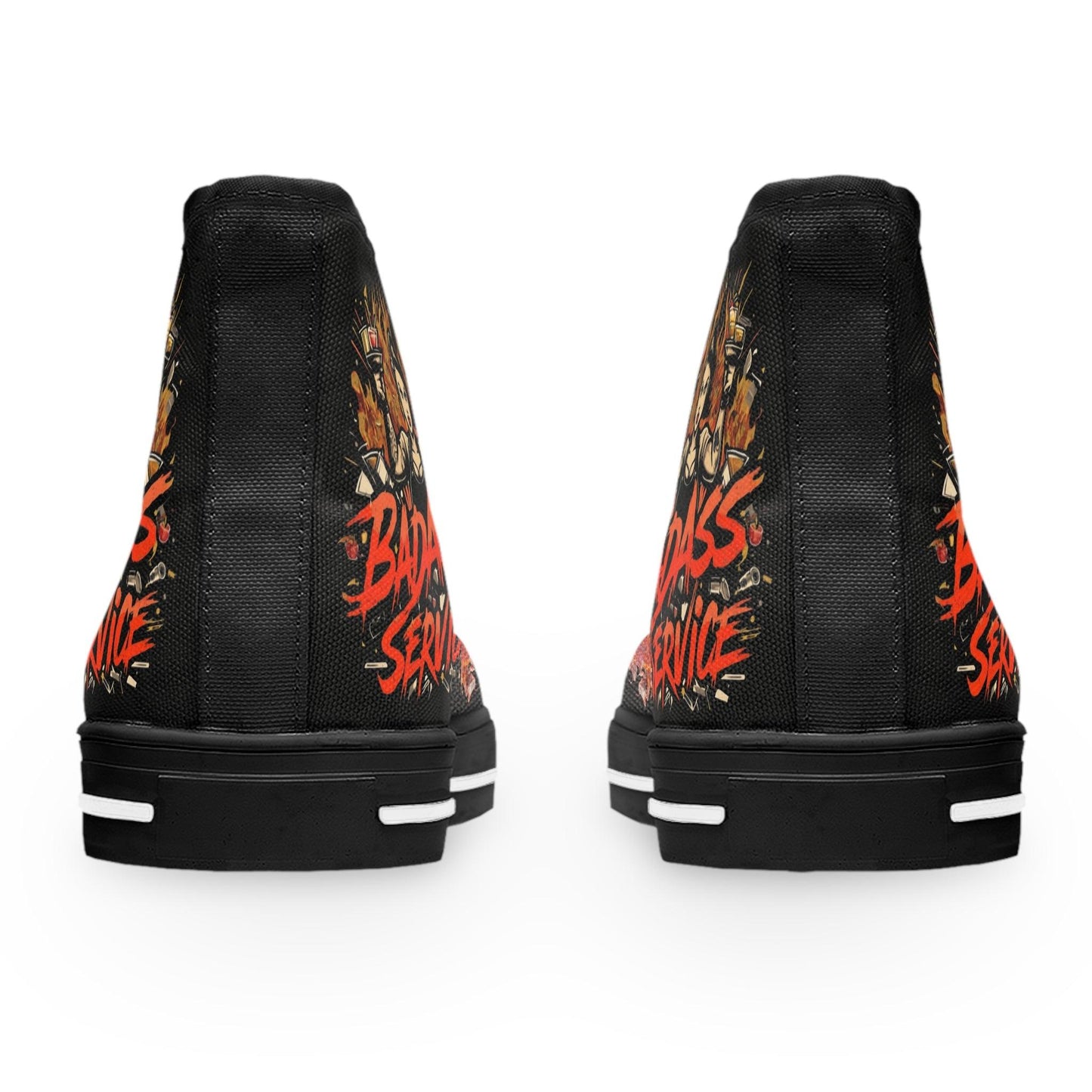 Bad Ass Service Womens Black High Top Sneakers with bartender design and flame graphics, rear view