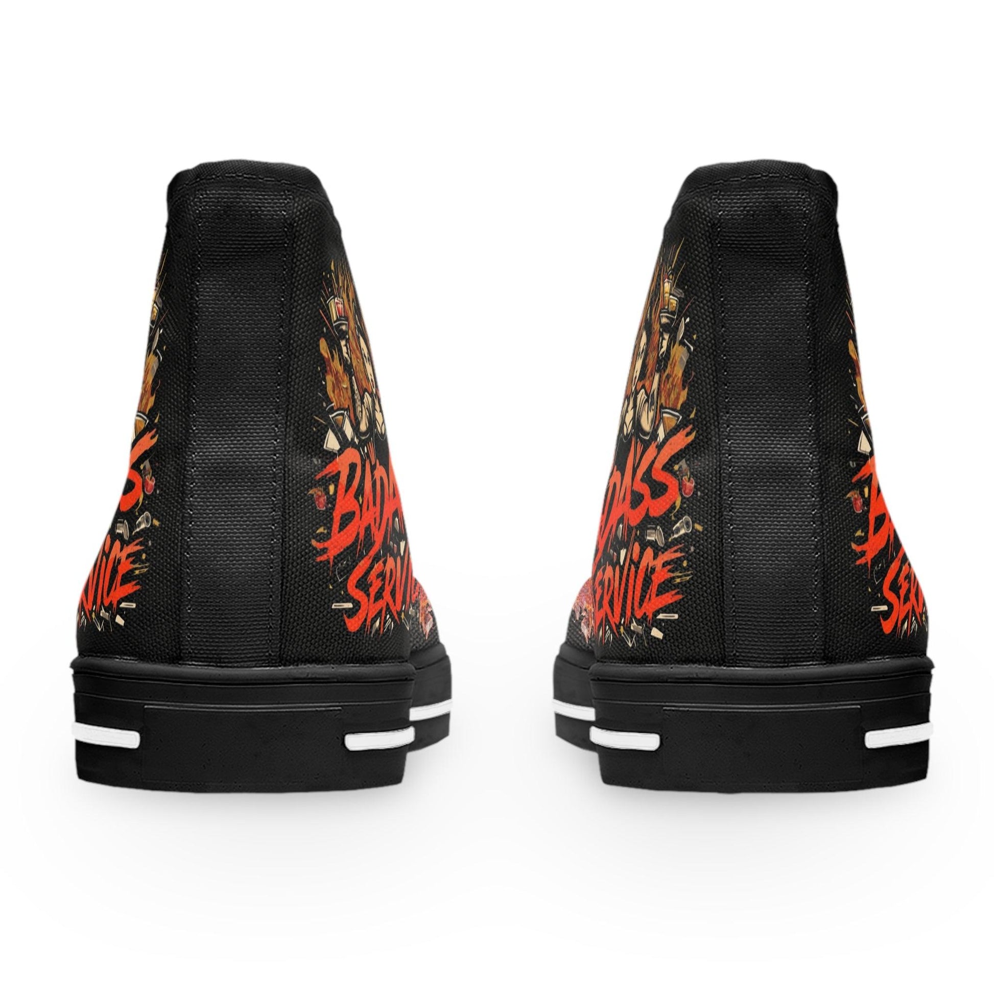 Bad Ass Service Womens Black High Top Sneakers with bartender design and flame graphics, rear view
