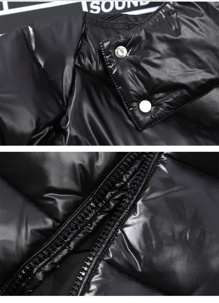 Close-up of Men's Waterproof Puffer Jacket with zipper and buttons, highlighting the detachable hood and stylish design for winter.