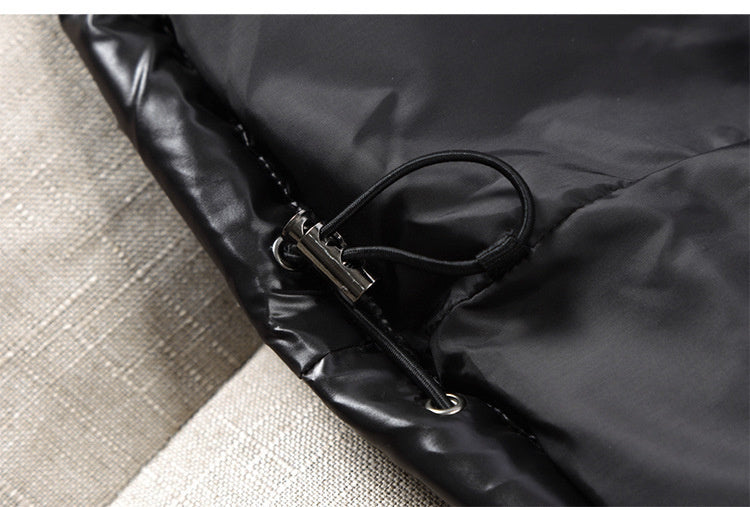 Close-up of the Men's Waterproof Puffer Jacket with detachable hood drawstring detail.