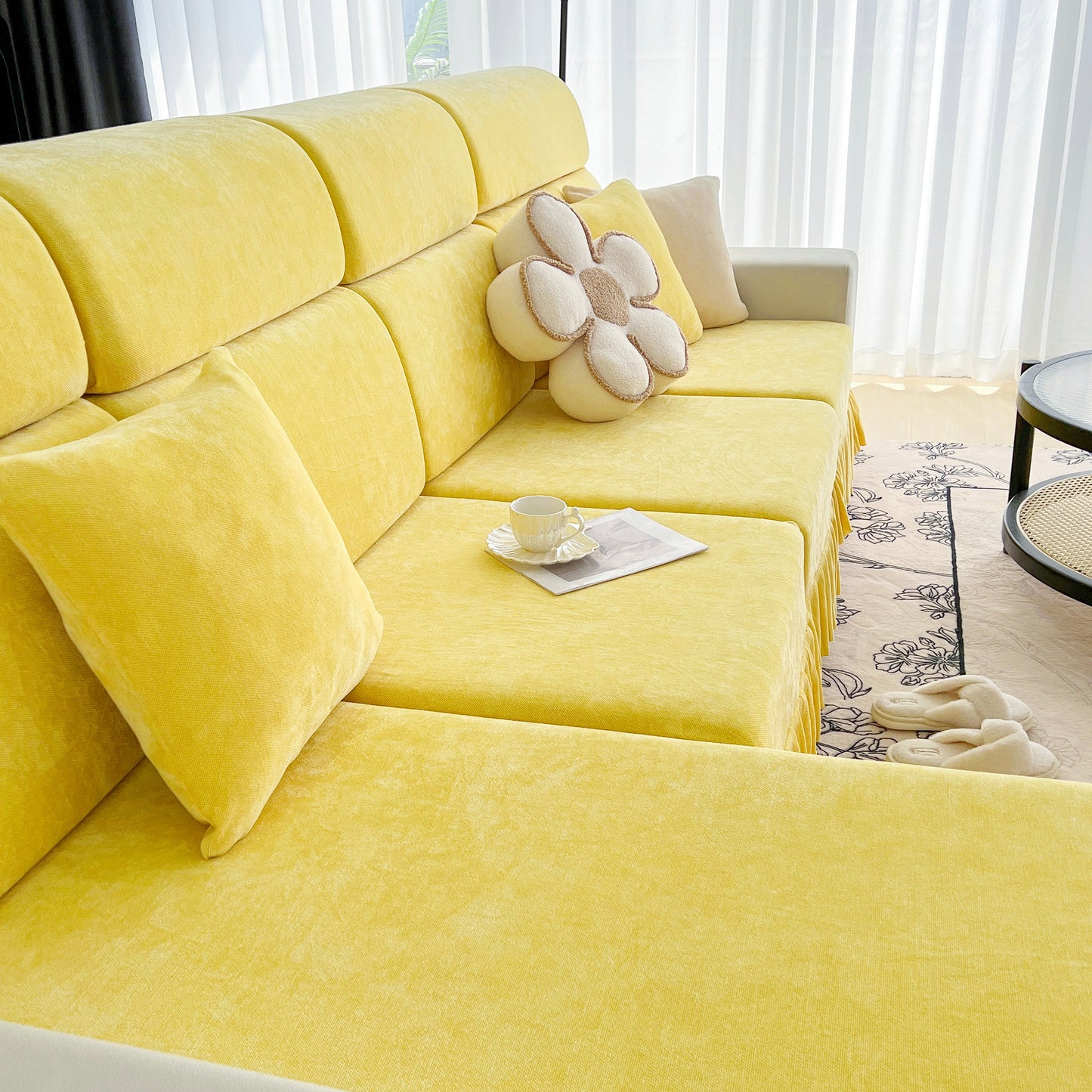 Universal Elastic Skirt Sofa Slipcover, Stretch Sofa Cushion Cover For Bedroom Office Living Room in vibrant yellow