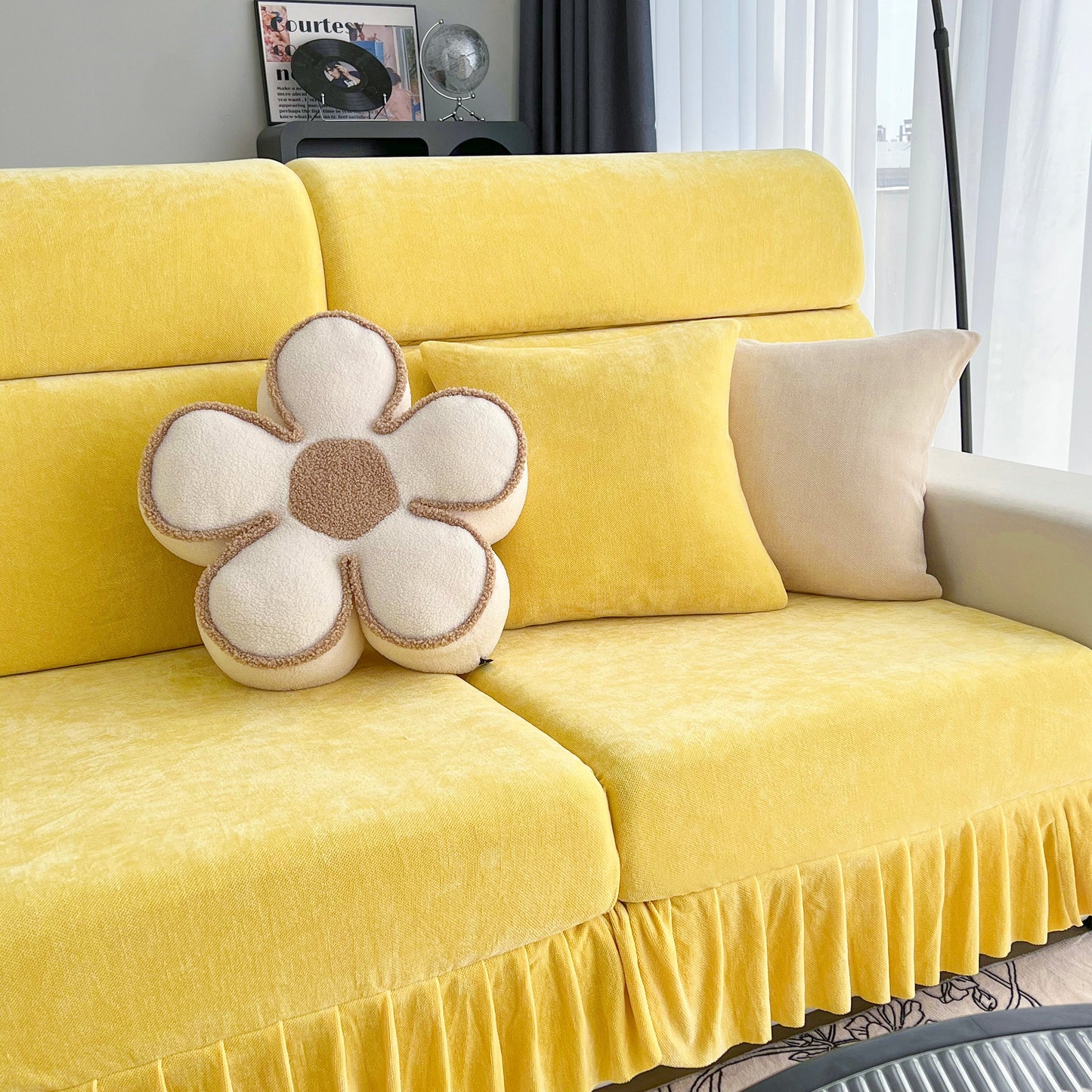 Yellow sofa with Universal Elastic Skirt Sofa Slipcover, Stretch Sofa Cushion Cover For Bedroom Office Living Room, floral pillow on top