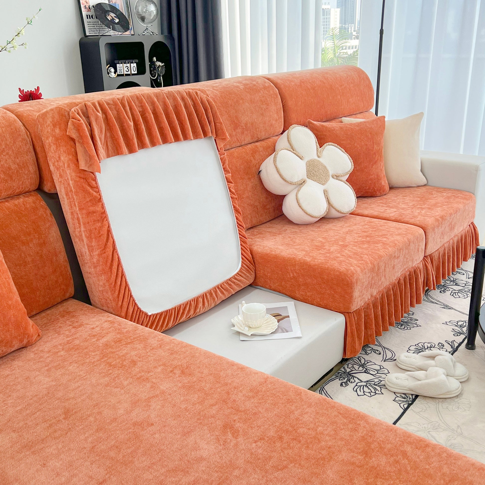 Universal Elastic Skirt Sofa Slipcover, Stretch Sofa Cushion Cover For Bedroom Office Living Room in vibrant orange.