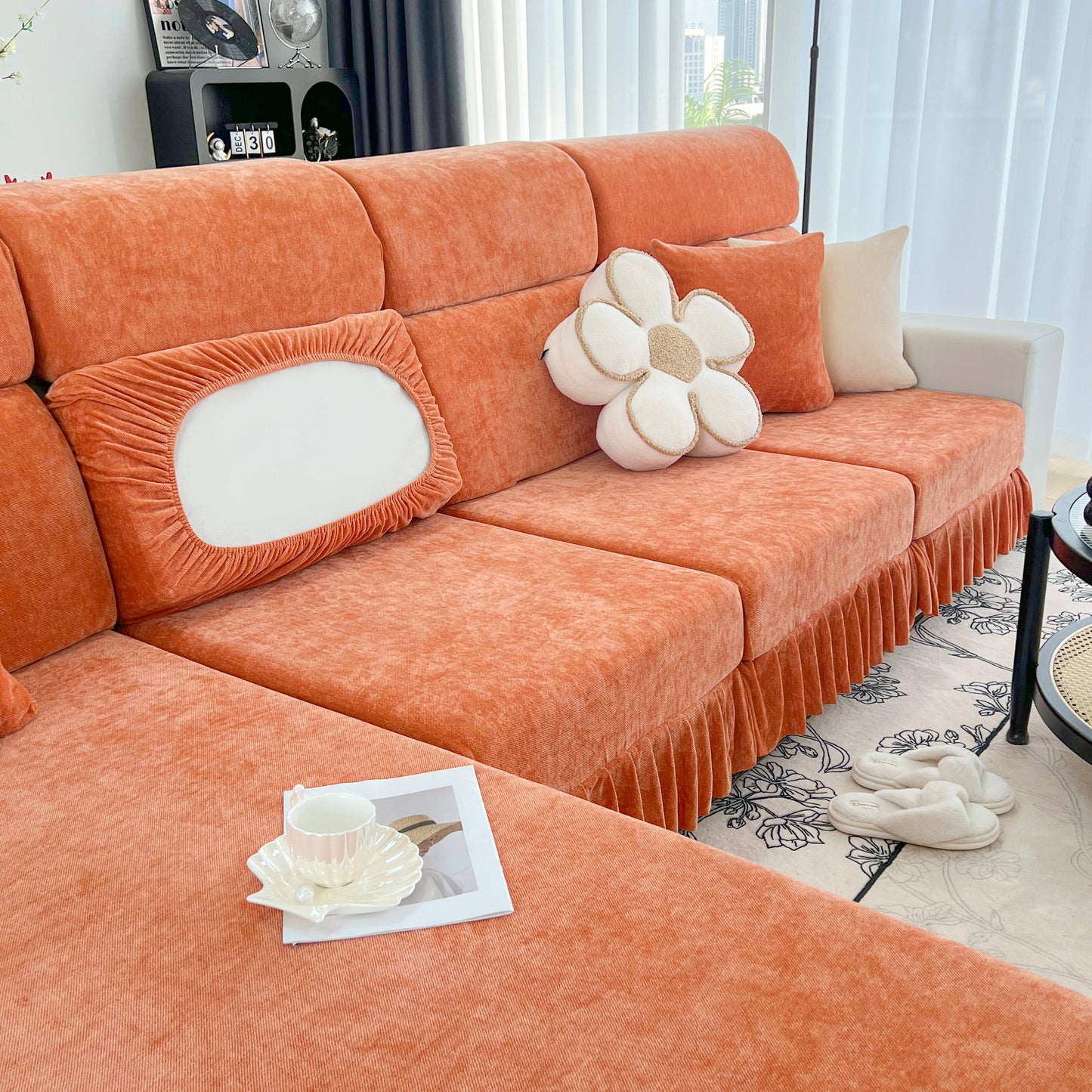 Universal Elastic Skirt Sofa Slipcover, Stretch Sofa Cushion Cover For Bedroom Office Living Room in stylish Chenille fabric.